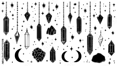 Celestial window kit including glass prisms and moon motifs, vector art set