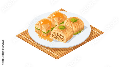 Delicious baklava with honey and nuts on a plate - tasty dessert inspiration