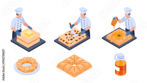 Isometric pastry chef cooking scene with honey and pastries