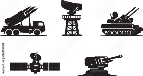Military Defense Weapon System Silhouette Set Missile Launcher Radar Tank Satellite Cannon Icons