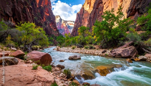 A scenic river flows through a narrow canyon with towering red rock walls, lush trees on banks, and a blue sky overhead