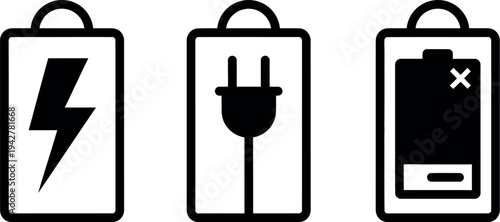 Three icons representing different types of electrical power sources and storage