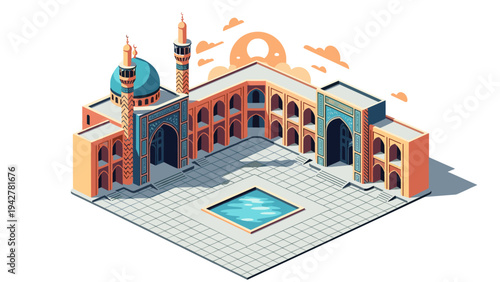Isometric islamic architecture with mosque and courtyard