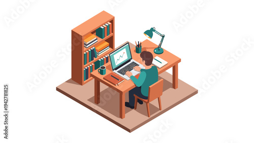 Isometric home office setup with person working on laptop in modern study room