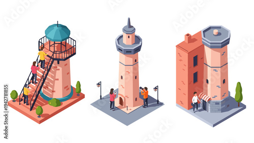 Isometric lighthouse designs with tourists and photographers in vibrant colors