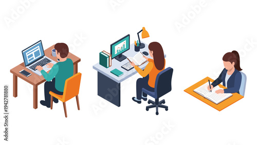 Isometric remote work setup: office desks and home study spaces