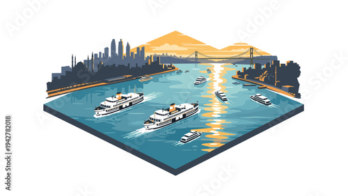 Scenic waterfront cityscape with boats and bridge at sunset in isometric style