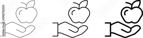 Line art icon of a hand holding a fresh apple, symbolizing health, nutrition, and giving.