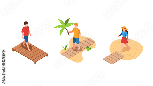 Isometric people relaxing on beach walkways with sand and palm trees