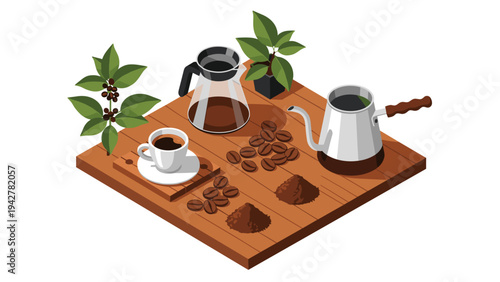 Isometric coffee brewing setup with grinder, beans, and plants on wooden surface