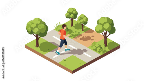 Isometric park scene with jogger on pathway surrounded by trees
