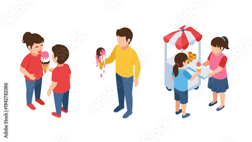Children enjoying ice cream at a cart: isometric style scene