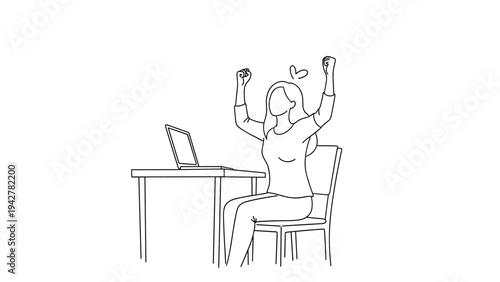 Happy woman celebrating success at work with laptop and heart symbol in minimalist style