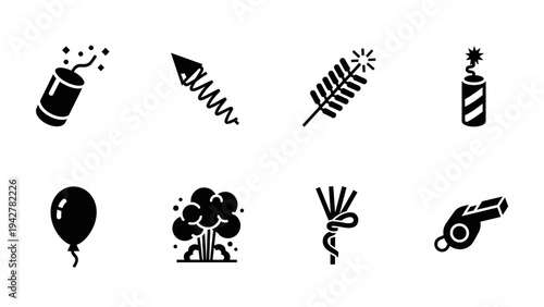 Celebration icons: simple black silhouettes of fireworks, balloons, and party whistles