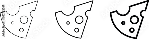 Three black and white outlines of a triangular cheese slice with holes, showing varying line thicknesses, isolated on a white background.