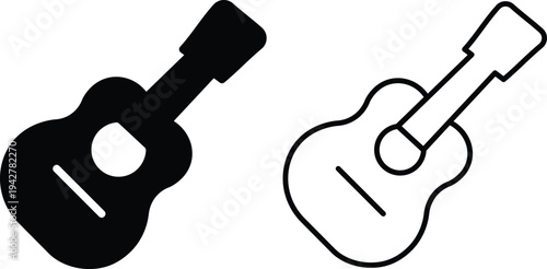 Two simple illustrations of an acoustic guitar, one solid black and one outline, on a white background.
