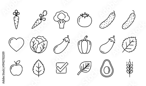 Fresh Organic Garden Vegetables Healthy Diet Vector Icon Set
