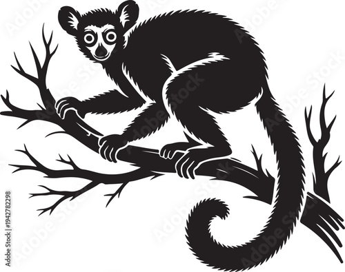  Stylized Black Aye-aye Perched on Tree Branch Silhouette