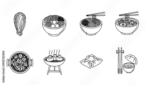 Minimal Korean Cuisine Outline Icon Collection Vector Illustration
