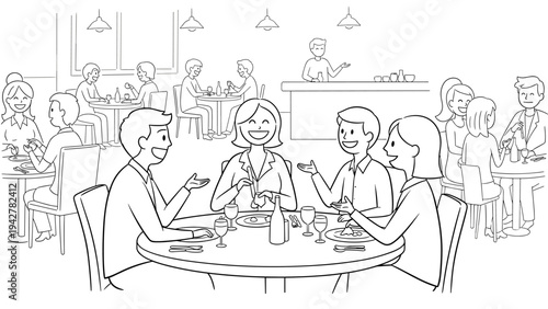 Casual dining scene in cafe with friends relaxing and dining together