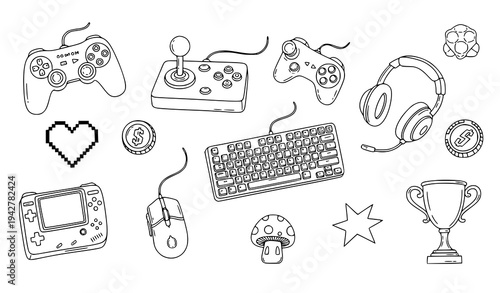 Photos Minimal Hand Drawn Gaming Doodle Icons Vector Illustration