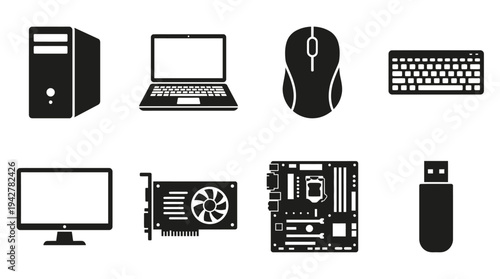 Computer Hardware Vectors Icon Set – Tech Gear Illustrations Featuring Desktop Tower, Laptop, Mouse, Keyboard, Monitor, Graphics Card, Motherboard, and USB Flash Drive