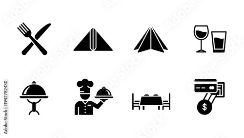 Restaurant icons: dining, chefs, and cutlery in bold black silhouettes