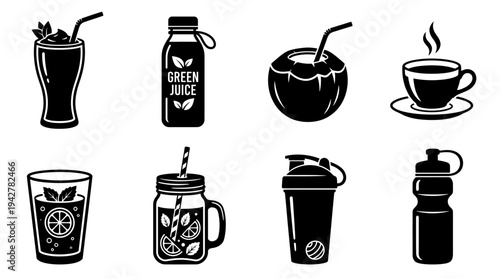 Healthy Drinks Vectors Icon Set – Beverage Lifestyle Illustrations Featuring Smoothie, Juice Bottle, Coconut, Coffee Cup, Citrus Glass, Mason Jar, Shaker, and Water Bottle