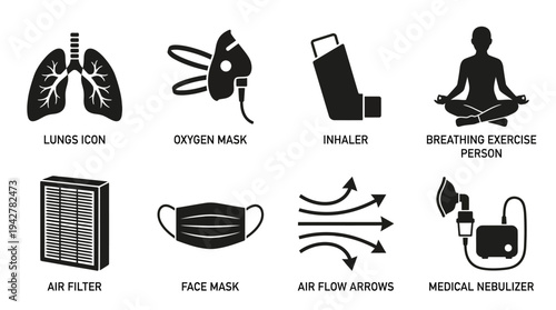 Respiratory Vectors Icon Set – Breathing and Lung Health Illustrations Featuring Lungs, Oxygen Mask, Inhaler, Breathing Diagram, Air Filter, Face Mask, Arrows, and Pulse Oximeter