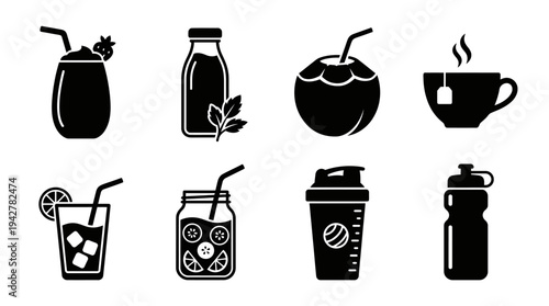 Healthy Drinks Vectors Icon Set – Beverage Lifestyle Illustrations Featuring Smoothie, Juice Bottle, Coconut, Coffee Cup, Citrus Glass, Mason Jar, Shaker, and Water Bottle