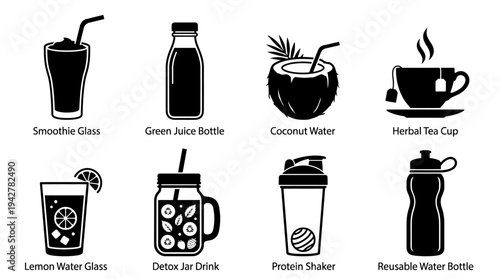 Healthy Drinks Vectors Icon Set – Beverage Lifestyle Illustrations Featuring Smoothie, Juice Bottle, Coconut, Coffee Cup, Citrus Glass, Mason Jar, Shaker, and Water Bottle
