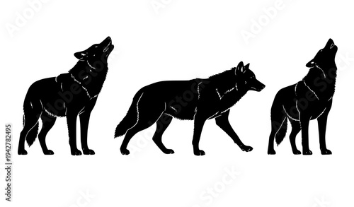 Wolf and Howling Wolf Silhouette Wildlife Vector Illustration Set