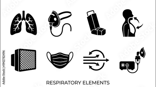 Respiratory Vectors Icon Set – Breathing and Lung Health Illustrations Featuring Lungs, Oxygen Mask, Inhaler, Breathing Diagram, Air Filter, Face Mask, Arrows, and Pulse Oximeter