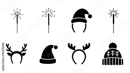 Festive accessories and sparkler icons for holiday celebrations