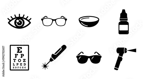 Eye Care Vectors Icon Set – Vision Health Illustrations Featuring Eye Symbol, Eyeglasses, Contact Lens, Eye Drops, Eye Chart, Laser Tool, Sunglasses, and Exam Light