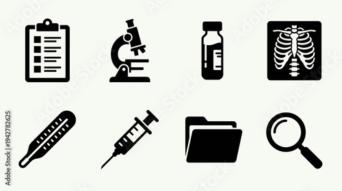 Medical Diagnostics Vectors Icon Set – Healthcare Lab Tools Illustrations Featuring Microscope, Blood Test Vial, X-Ray Image, Thermometer, Syringe, Report File, Magnifying Glass, and Checklist