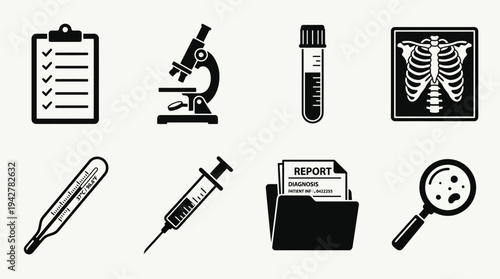 Medical Diagnostics Vectors Icon Set – Healthcare Lab Tools Illustrations Featuring Microscope, Blood Test Vial, X-Ray Image, Thermometer, Syringe, Report File, Magnifying Glass, and Checklist