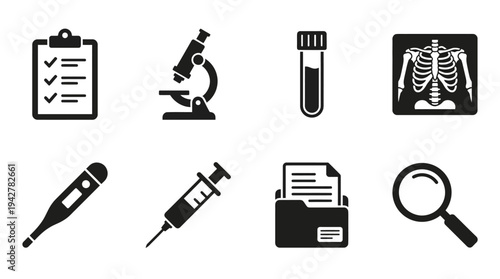 Medical Diagnostics Vectors Icon Set – Healthcare Lab Tools Illustrations Featuring Microscope, Blood Test Vial, X-Ray Image, Thermometer, Syringe, Report File, Magnifying Glass, and Checklist