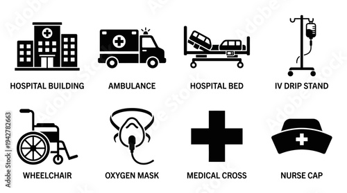 Hospital Vectors Icon Set – Emergency and Medical Care Illustrations Featuring Hospital Building, Ambulance, Hospital Bed, IV Drip Stand, Wheelchair, Oxygen Mask, Medical Cross, and Nurse Cap