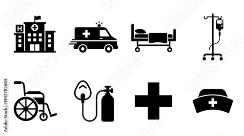 Hospital Vectors Icon Set – Emergency and Medical Care Illustrations Featuring Hospital Building, Ambulance, Hospital Bed, IV Drip Stand, Wheelchair, Oxygen Mask, Medical Cross, and Nurse Cap