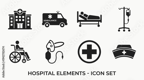 Hospital Vectors Icon Set – Emergency and Medical Care Illustrations Featuring Hospital Building, Ambulance, Hospital Bed, IV Drip Stand, Wheelchair, Oxygen Mask, Medical Cross, and Nurse Cap