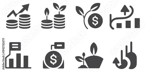 Financial Growth Investment Profit Business Icon Set. This vector icon set illustrates financial planning through coin stacks, growth arrows, and strategic business charts