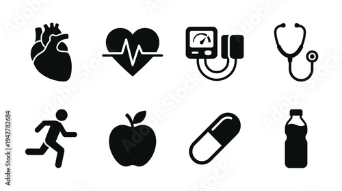 Heart Health Vectors Icon Set – Medical Wellness Illustrations Featuring Human Heart, Heartbeat Line, Blood Pressure Monitor, Stethoscope, Runner, Apple, Pill Capsule, and Water Bottle