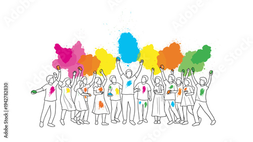 Vibrant celebration of color with enthusiastic crowd in minimalistic style