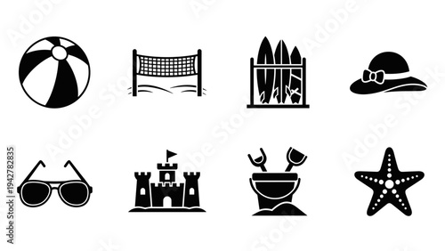 Summer silhouette icons: beach, volleyball, surfboards, and more