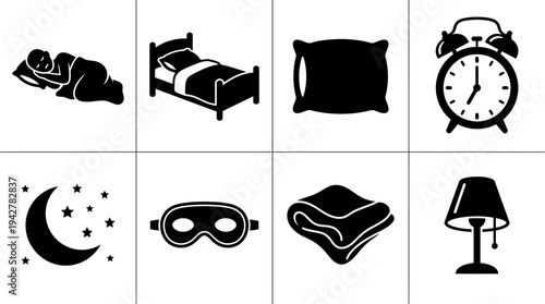 Sleep Wellness Vectors Icon Set – Nighttime Routine Illustrations Featuring Sleeping Person, Bed, Pillow, Alarm Clock, Moon, Eye Mask, Blanket, and Lamp
