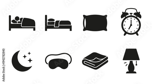 Sleep Wellness Vectors Icon Set – Nighttime Routine Illustrations Featuring Sleeping Person, Bed, Pillow, Alarm Clock, Moon, Eye Mask, Blanket, and Lamp