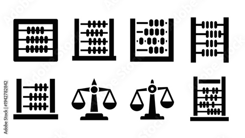 Silhouette abacus and scales icon set for education and justice themes