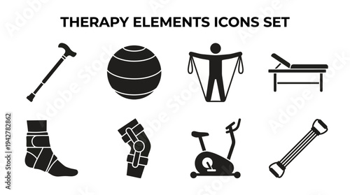 Physical Therapy Vectors Icon Set – Rehabilitation and Fitness Illustrations Featuring Cane, Exercise Ball, Resistance Band, Therapy Table, Ankle Brace, Knee Support, Stationary Bike, and Stretch Band