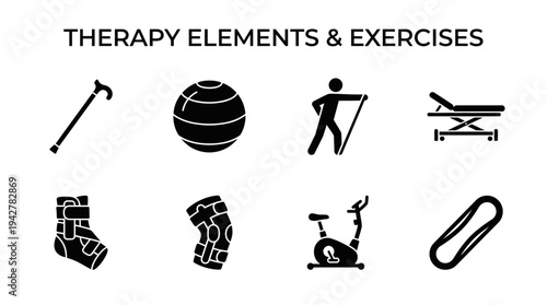 Physical Therapy Vectors Icon Set – Rehabilitation and Fitness Illustrations Featuring Cane, Exercise Ball, Resistance Band, Therapy Table, Ankle Brace, Knee Support, Stationary Bike, and Stretch Band